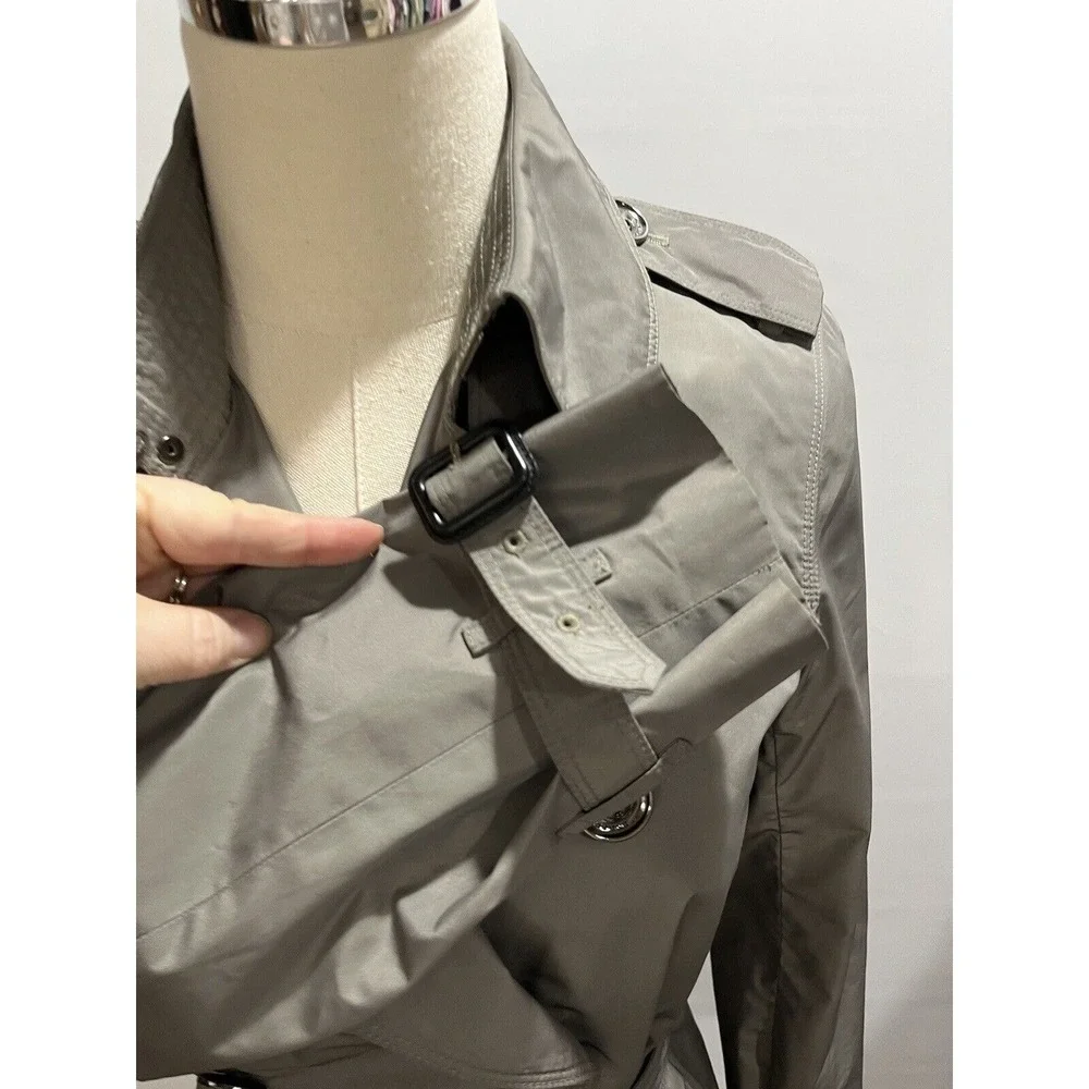 Burberry London Double Breasted Belted Gray Green Ruffled Trench Coat Sz US 6 - Picture 13 of 16
